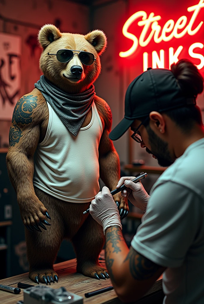 A man tattooing a bear dressed as a cholo inside a tattoo studio with a sign that says “Street inks”