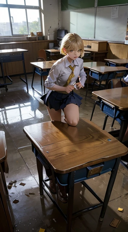 (masterpiece, best quality),  intricate details,
1girl,    cha hae-in, mature, angry, blonde hair, short hair, yellow eyes, glowing eyes,
 school,debris,fleeing,collapse,(outdoors, looking at viewer),running,building,school chair,school desk,, school,debris,fleeing,collapse,indoors,running,(hallway,school hallway),, school,debris,fleeing,collapse,indoors,running,(((classroom))),school chair,school desk, (highest quality, High resolution, masterpiece:1.2), Super detailed, realistic:1.37, (perfect anatomy),1 girl,cowboy shot,full body 