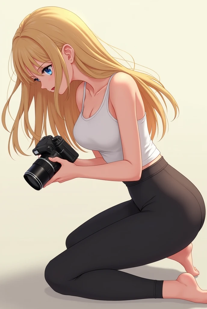 blonde anime girl, wearing white tank top and black yoga pants, setting up a camera, bending down with buttocks slightly arched upwards.