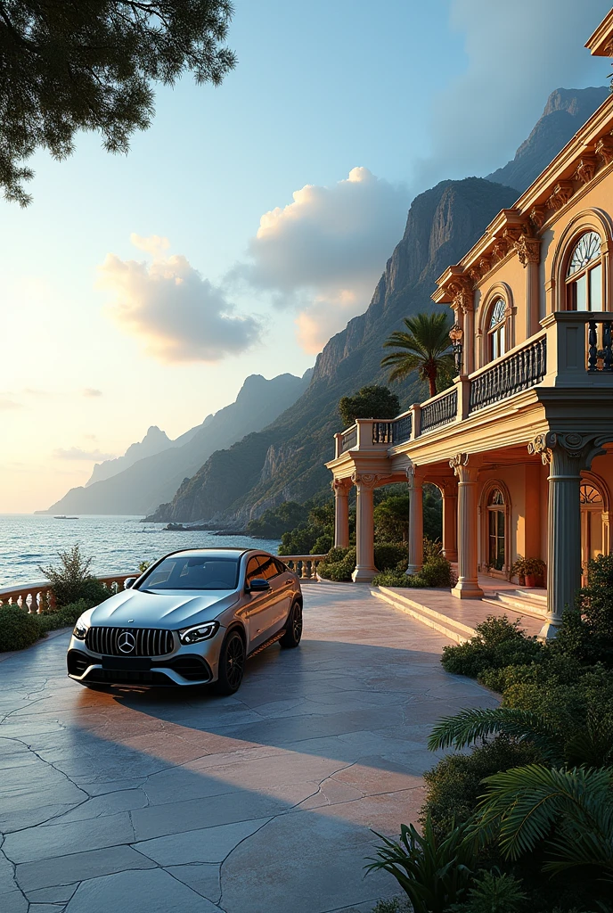 luxury home with a white car parked in front of it, mercedes coupe amg glc, behind sea, luxury lifestyle, luxurious environment, luxury architecture, rich house, huge mansion, rich style, luxury and elite, extremely opulent, luxurious, hyper luxurious, majestic masterpiece, wealthy, luxury, stunning grand architecture, exquisite masterpiece, flaunting his wealth, inside a grand, architectural masterpiece