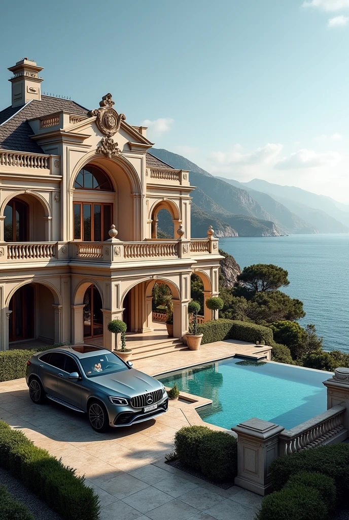 luxury home with a white car parked in front of it, mercedes coupe amg glc, behind sea, luxury lifestyle, luxurious environment, luxury architecture, rich house, huge mansion, rich style, luxury and elite, extremely opulent, luxurious, hyper luxurious, majestic masterpiece, wealthy, luxury, stunning grand architecture, exquisite masterpiece, flaunting his wealth, inside a grand, architectural masterpiece