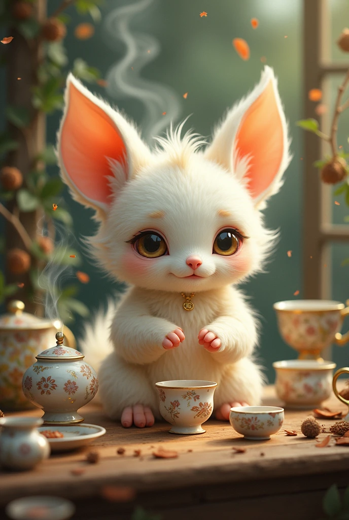 A cute mythical creature in the form of a male humanoid who loves tea