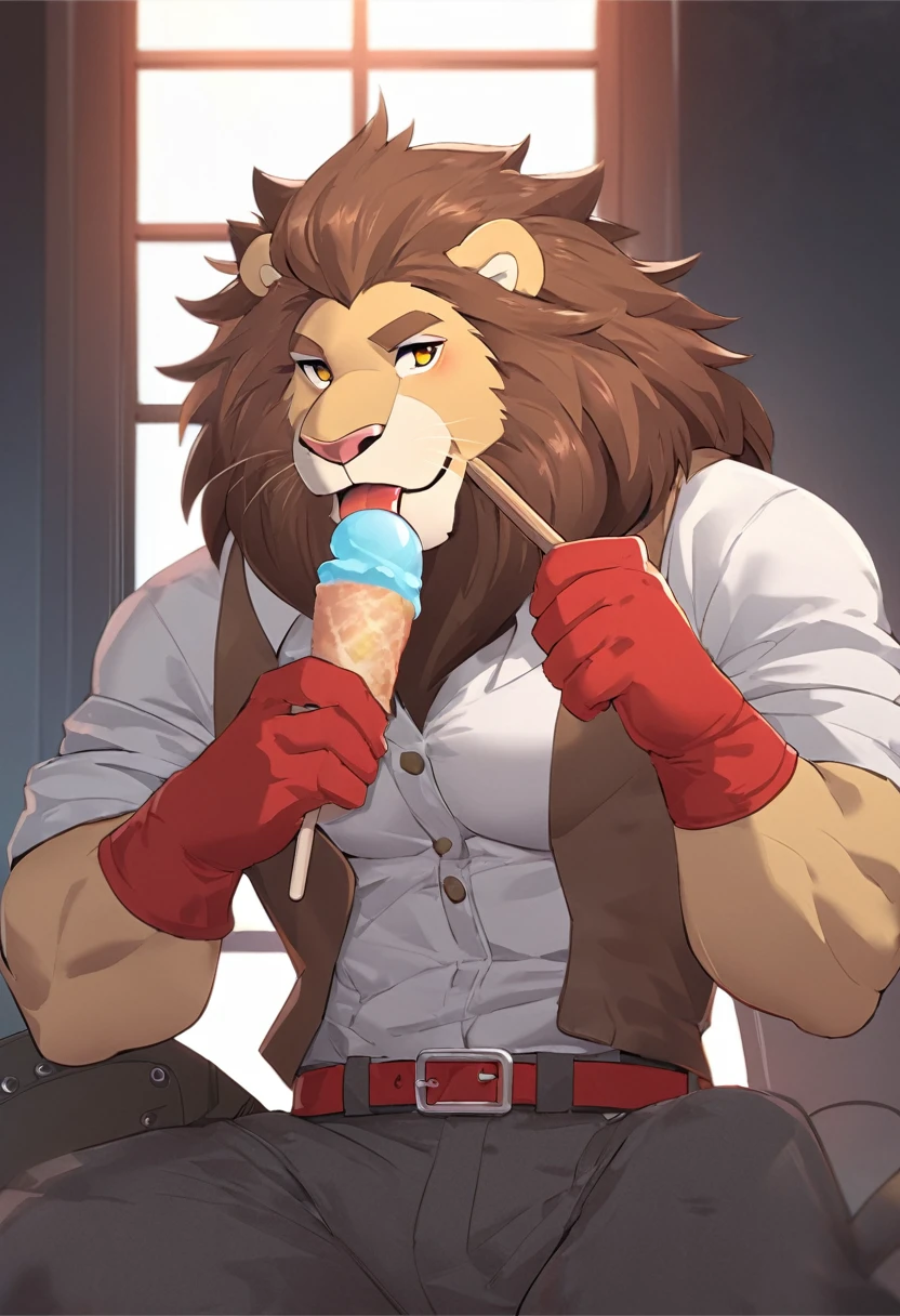 Paddle Pop lion, paddle pop begins cartoon, wears a white shirt with details in the collared with a brown vest, red gloves,gray pants thick fabric, red belt in style feline and boots red with details, extremely beautiful face, muscular body, gentle look, hot, eating ice cream, tall