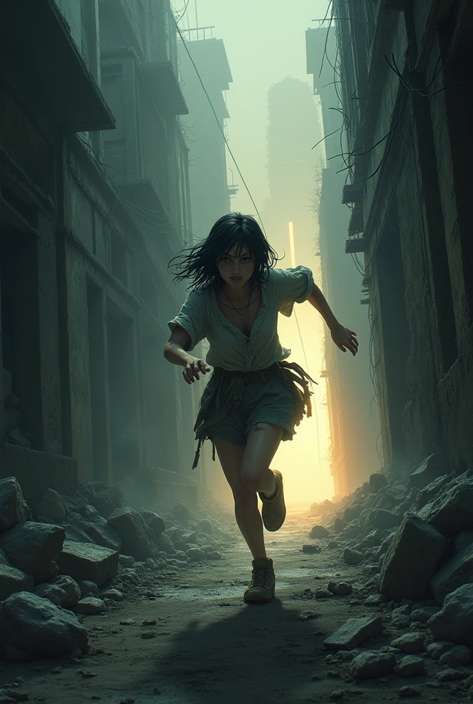 Depict a scene where Misaki runs towards a faint light deep within a ruined structure.** The ruins are filled with crumbling buildings, broken walls, and a desolate environment dominated by cold tones. Misaki is exhausted, her clothes are dirty, and she is mustering her last bit of strength to desperately run towards the light. The distant light glows warmly, symbolizing hope, and an exit is faintly visible beyond it, standing out against the darkness of the ruins. Misaki's expression shows determination and hope,
