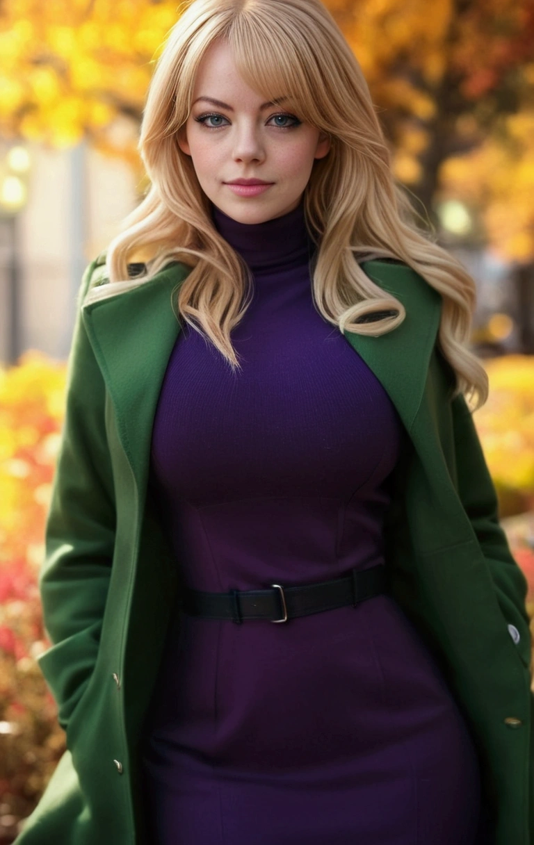 blond woman in purple dress and green coat posing for a picture, gwen stacy, realistic artstyle, young beautiful amouranth, 8k artgerm bokeh, amouranth, wearing a turtleneck and jacket, very very realistic, beautiful blonde girl, realistic color, realistic clothing, realistic style, hyperrealistic collegegirl, a hyperrealistic collegegirl , (big tits:1.2), Emma stone face