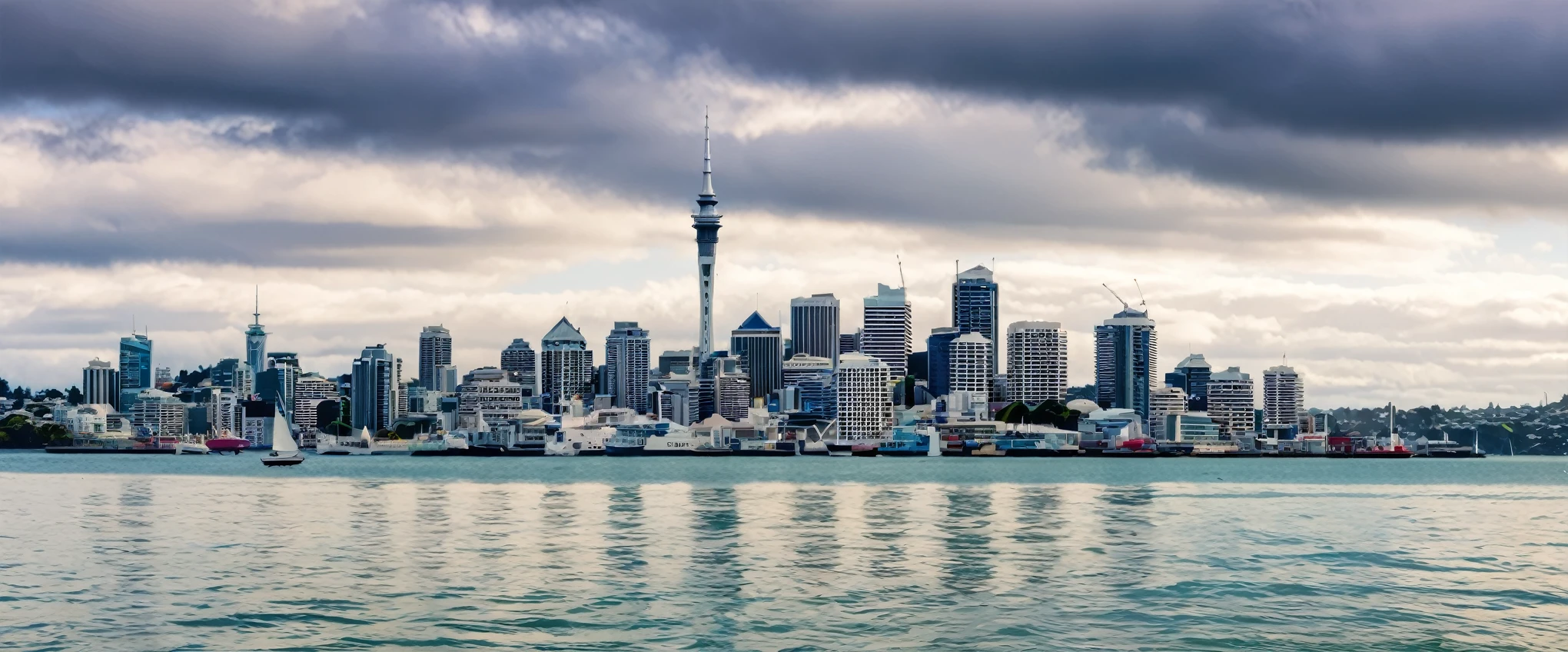 (photo realistic: 1.3) (original: 1.2), masterpiece, best quality, A view of Auckland City in New Zealand, a view from the North Shore across the Waitemata Harbour
