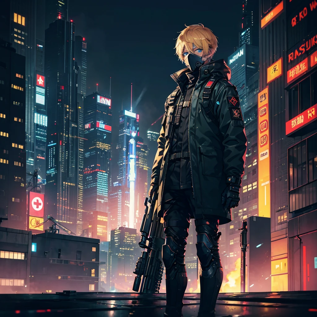 1 male,Adult,blue eyes,gas mask,Golden hair color,Medium Short Hair,Cyberpunk clothing,night,Future City,Standing on a rooftop with a rocket launcher, admiring the view,Calm expression,Muscular,tattoo,neon