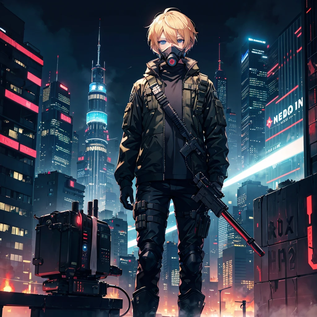 1 male,Adult,blue eyes,gas mask,Golden hair color,Medium Short Hair,Cyberpunk clothing,night,Future City,Standing on a rooftop with a rocket launcher, admiring the view,Calm expression,Muscular,tattoo,neon