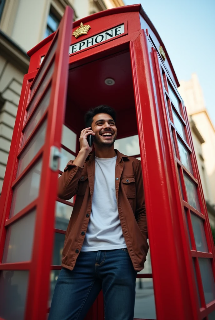 A male student happily making a phone call in a red telephone booth。An angle shot from an oblique perspective。