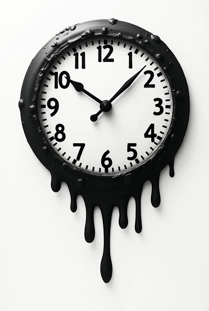 A black-and-white round clock that appears to have melted and is dripping at the bottom.The clock hands show 7:25 o'clock 
