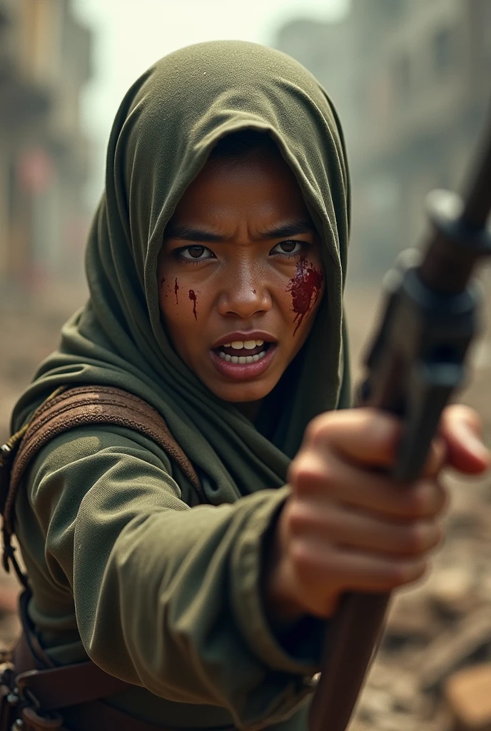 Indonesian fighter female with hijab, fighting with colonizer (1945). Rage, and there is a some stain on her cheeks