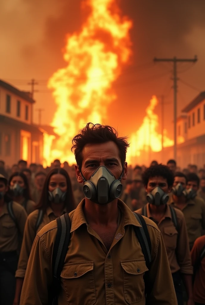 Create 100 low-income people wearing smoke masks, and behind them a very large wildfire.