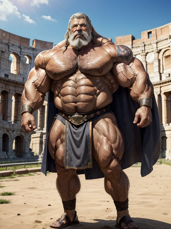 Hyperrealistic image of a bare-chested Christian martyr man A very old and very sweaty superhero with very long grey hair A very muscular 80-year-old bodybuilder and a fat 20-year-old guy weighing over 200 kilos with a huge bare chest Saggy breasts Huge tattoos Big brown nipples A big grey moustache Dressed in a short dirty linen skirt on the track of a Roman coliseum 