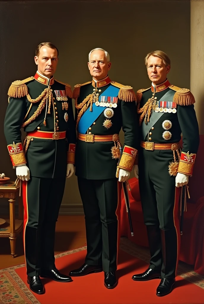 King of great Britain, emperor of Russia and emperor of Germany standing together wearing their uniforms representing the colors of their flags