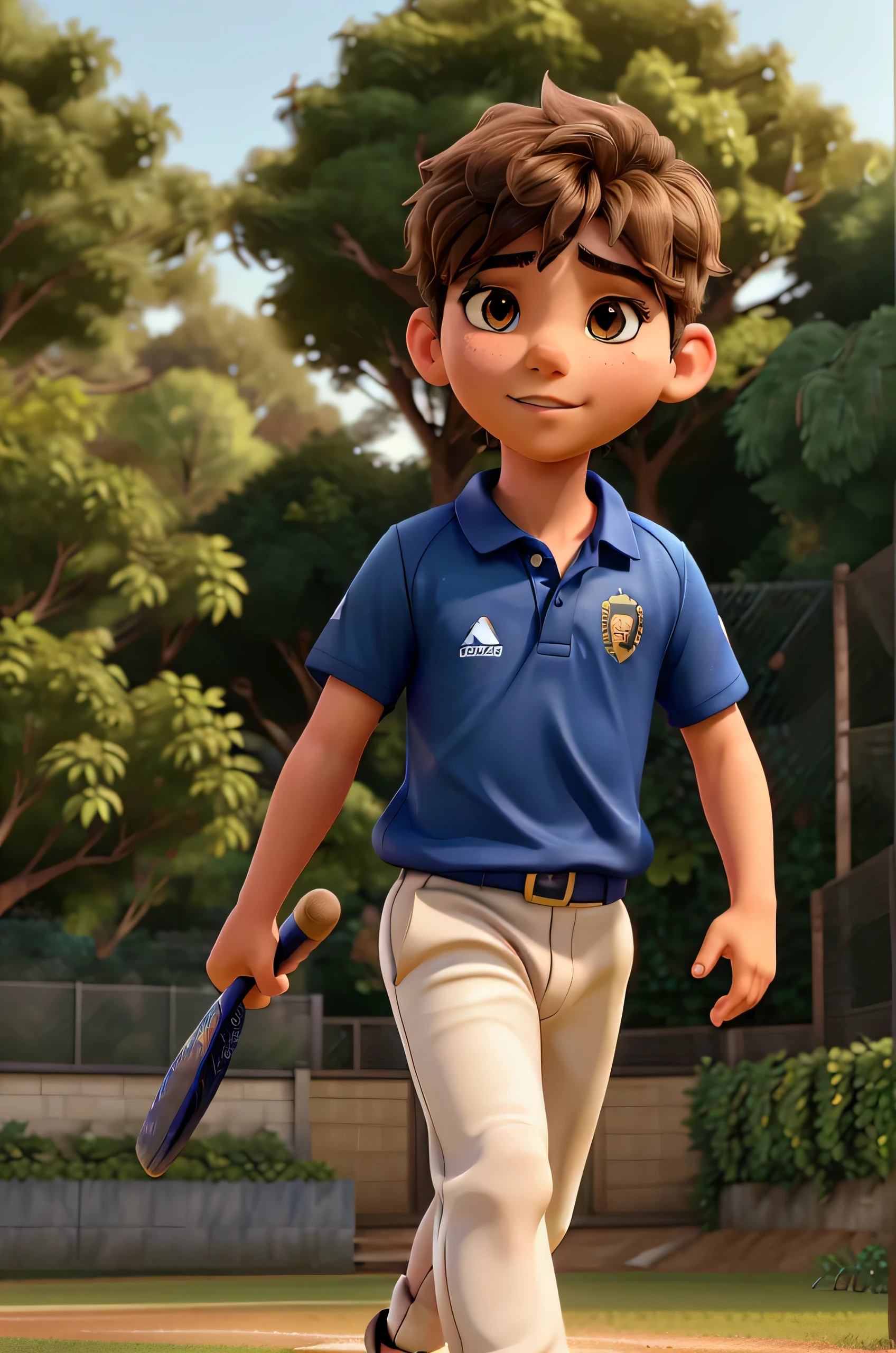 a young boy playing cricket, detailed realistic portrait, beautiful detailed eyes, beautiful detailed lips, extremely detailed face, longeyelashes, boy in cricket uniform, holding cricket bat, running, dynamic pose, sports field background, golden hour lighting, cinematic lighting, vibrant colors, photorealistic, 8k, high quality, detailed description, digital art