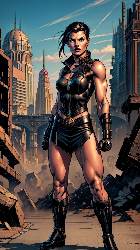 (((Full-length shot))),((full height)),((Best quality)), ((masterpiece)),(detailed),muscular build and medium breasts .., wears an open black leather vest.., black leather gloves, a short skirt and heavy boots. She has a punk rock look.Hyper-realistic close-up photo of Rose Wilson DC, blue eyes,(Photorealism: 1.4), Create dystopian masterpieces. Post-apocalyptic world. Pay attention to small details, sharp focus. The palms of the hands are clenched into fists.