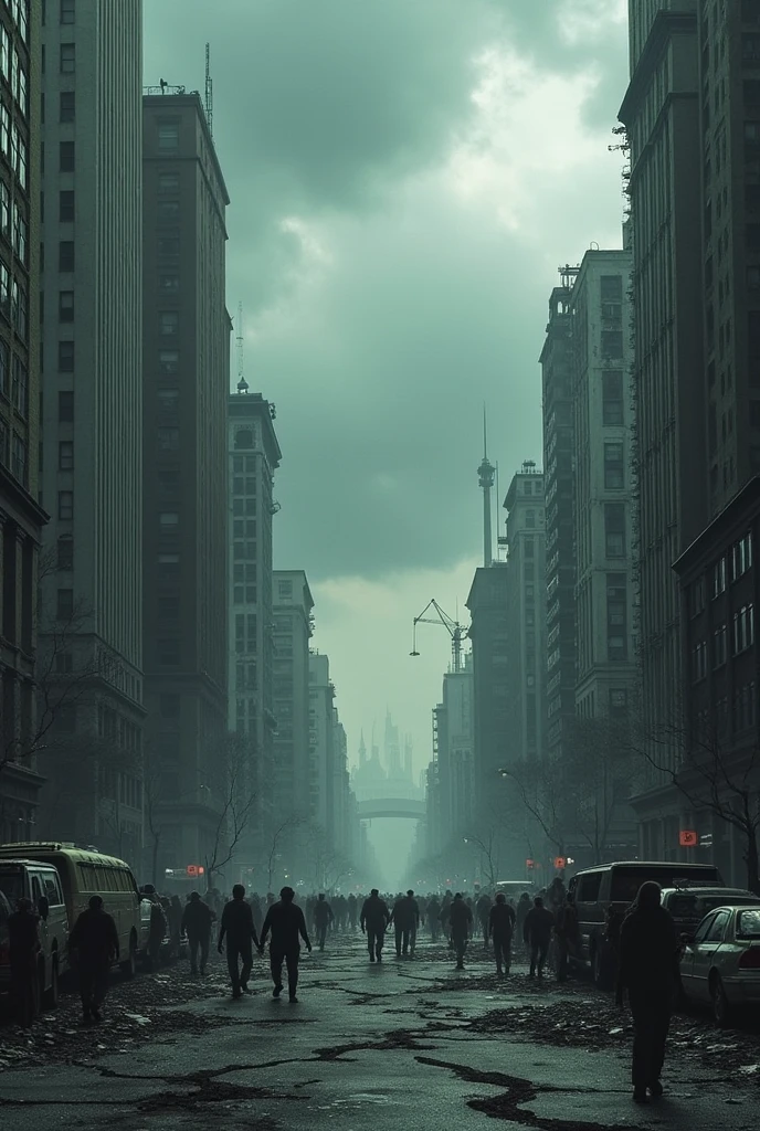 A city in ruins, many tall buildings are abandoned, there are many zombies in the middle of the road and some wrecked cars. The atmosphere is tense, the sky is dark and cloudy
