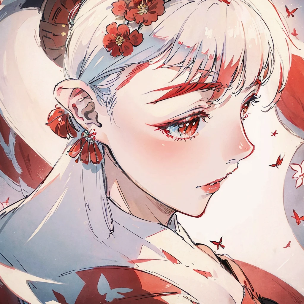 1 beautiful geisha, surrounded by white dragons, , (Beautifully Aesthetic:1.2),, peace, tranquility, serenity, petals, red kimono, red lip, butterflies, decent