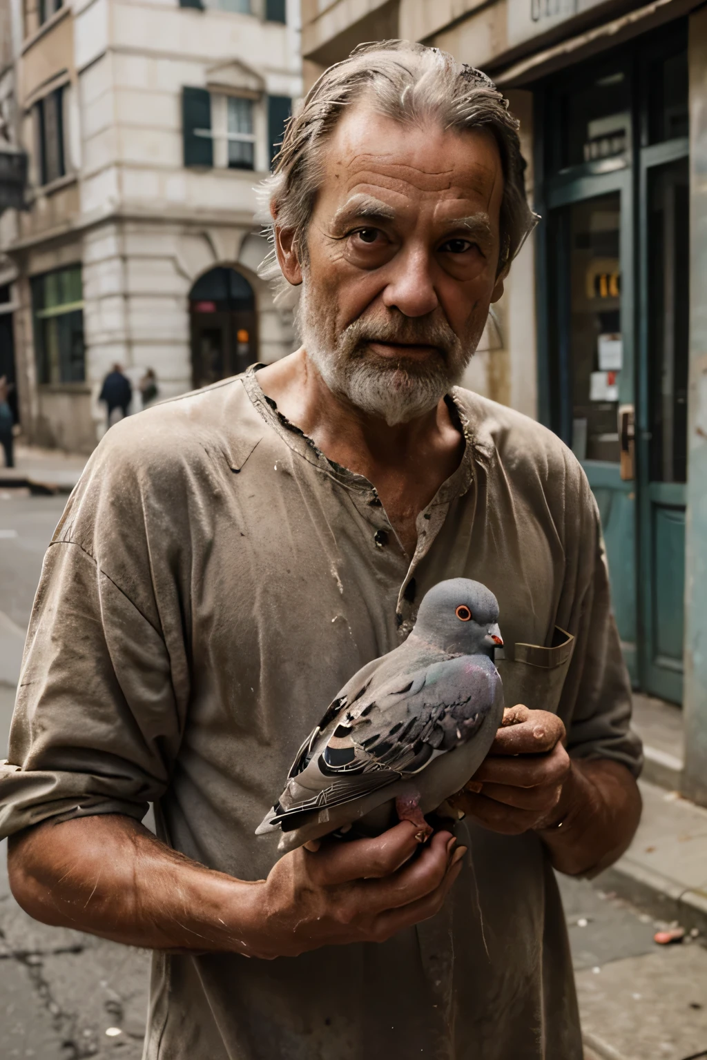 old, A dirty, unwashed man is holding a bird. (pigeon) in hands