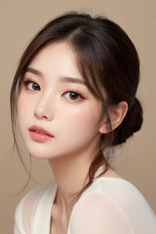 High-quality, ultra-realistic portraits。She has a refined beauty、She gives off an elegant and intelligent impression。((Her face is oval-shaped、Her nose has slightly wide nostrils as a characteristic。Eyes are large、She gives off a gentle impression、Lips are plump and naturally colored))。The skin is transparent、Has a healthy glow。Makeup is natural、She uses thin foundation and subtle lip color.。The lighting is soft and natural.、Accentuating facial features、Does not emphasize shadows。The background is simple and has a blurred gradient.、Focus on the face。