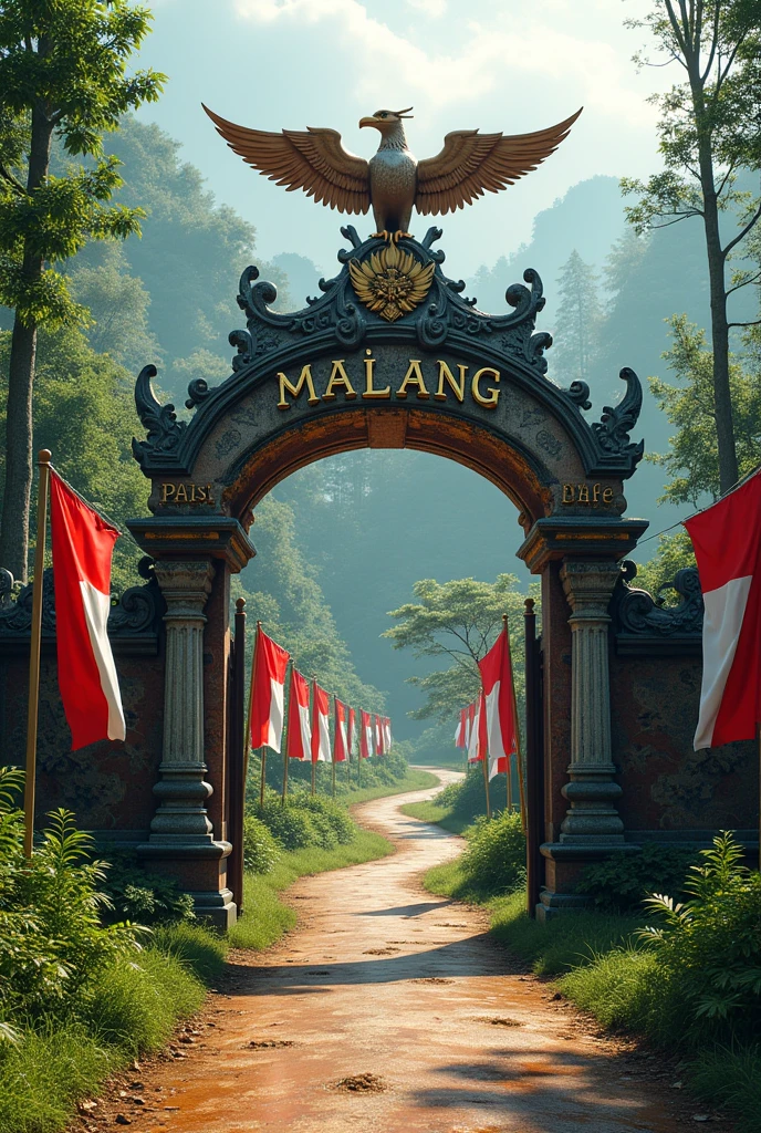 A gate with the words (Pasir Malang) written on it with a Garuda bird on it, a footpath with a forest background with many red and white flags on the side of the road.