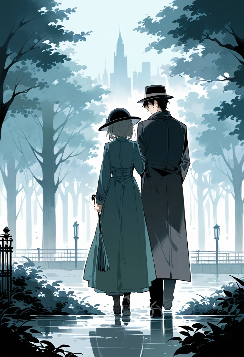 The image depicts a serene and intimate moment between a man and a woman, set in what appears to be a late 19th or early 20th-century urban park during a misty, overcast day. The couple is walking closely together on a damp, rain-soaked pathway. The man, dressed in a black overcoat and bowler hat, holds a closed umbrella in one hand while gently clasping the woman’s hands with the other. The woman is also dressed in a dark overcoat and a hat adorned with subtle details, suggesting the fashion of the era. She gazes up at the man with a soft expression, indicating a moment of quiet affection or connection.
The background features leafless trees, iron fences, and the indistinct outlines of city buildings shrouded in mist, enhancing the melancholic yet romantic atmosphere. The overall color palette is muted, dominated by shades of gray, black, and soft browns, which contribute to the somber and reflective mood of the scene. The wet ground reflects the figures, adding depth to the composition, while the soft lighting and hazy air suggest a peaceful, early morning or late afternoon setting.