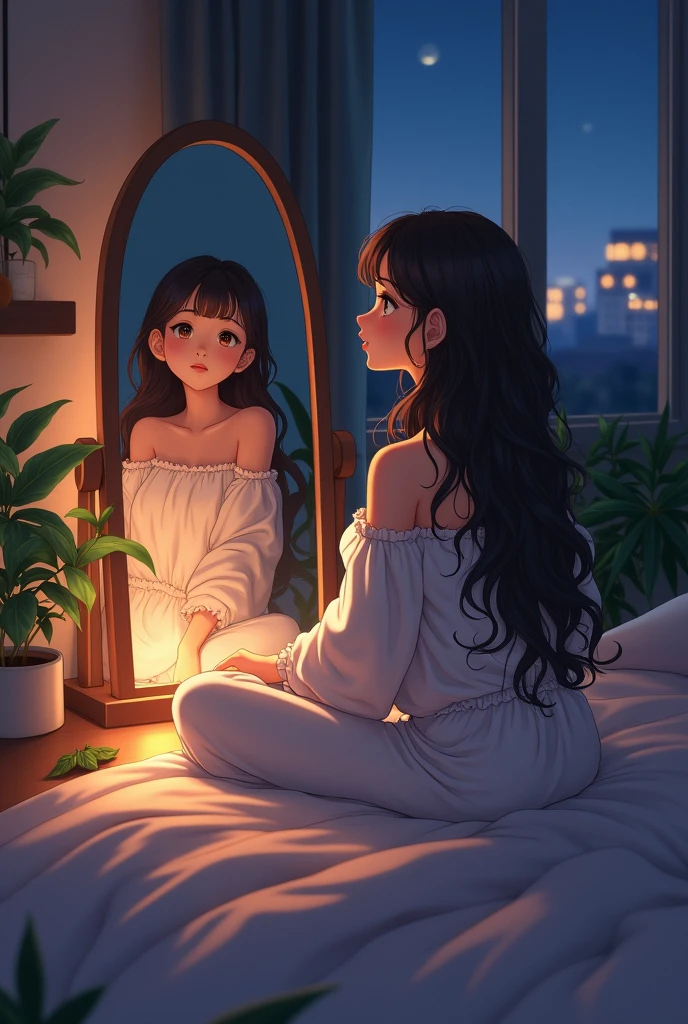 beautiful Anime woman, sitting on bed, wearing loose off-shoulder top, pajama pants, long curly hair, indoors, soft lighting, plants in background, window with Night time, cozy room, relaxed pose,  warm colors, 
Also she watching a mirror that reflect her face