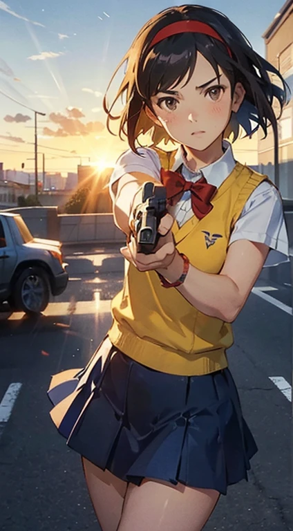 shinkai makoto, kimi no na wa., 1girl, bangs, black hair, blush, brown eyes, collared shirt, headband, looking at the viewer, Clavicle, red bow, red headband, red ribbon, school uniform, shirt, short hair, medium breasts, solo, sweater vest, vest, white shirt, yellow sweater vest, yellow vest, skirt, blue skirt, short sleeves, day, blue sky, cloudy_sky, sunlight, Outdoors, shiny skin, Fighting Stance, Despair Face, bracelet, ((aiming at the viewer with a gun)), handgun, ((holding a handgun)), trigger discipline, cowboy shot, perfect hands