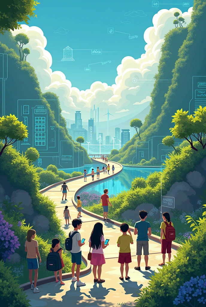  Poster/Drawing Concept: "From Clicks to Progress: Youth Digital Pathways for Sustainable Development"

#### Main Visual Elements:
1. **Title and Theme Integration:**
   - The title "From Clicks to Progress" is at the top, stylized with digital elements like binary codes or circuit patterns running through the letters.
   - "Youth Digital Pathways for Sustainable Development" is placed below, in a complementary, modern font.

2. **Central Figure or Symbol:**
   - A youthful figure (or a group of young people) is at the center, holding a tablet or a laptop. The screen shows a vibrant globe surrounded by icons representing different SDGs (Sustainable Development Goals).

3. **Digital Pathways:**
   - Multiple digital lines or pathways emanate from the device, branching out in different directions and transforming into illustrations of sustainable practices:
     - **Green Technology:** Wind turbines, solar panels.
     - **Education and Innovation:** Books, light bulbs, and graduation caps.
     - **Community and Collaboration:** Diverse hands joining together.
     - **Conservation and Biodiversity:** Trees, plants, and animals.

4. **Sustainability Elements:**
   - The background incorporates natural elements such as trees, water droplets, and leaves to symbolize growth and sustainability.
   - Elements of urban development like eco-friendly buildings and public transportation integrate into the pathways, showing a balance between nature and progress.

5. **Youth Representation:**
   - Diverse representations of youth from different cultures and backgrounds, engaging with technology and nature, to symbolize inclusivity and global cooperation.

6. **Vibrant Color Palette:**
   - Use a bright and optimistic color palette with greens, blues, yellows, and oranges to signify energy, innovation, and sustainability.

7. **Tagline or Quote:**
   - At the bottom, include a motivational tagline like "Empowering Tomorrow's Leaders Today" or "Digital Steps Towards a Greener Fut
