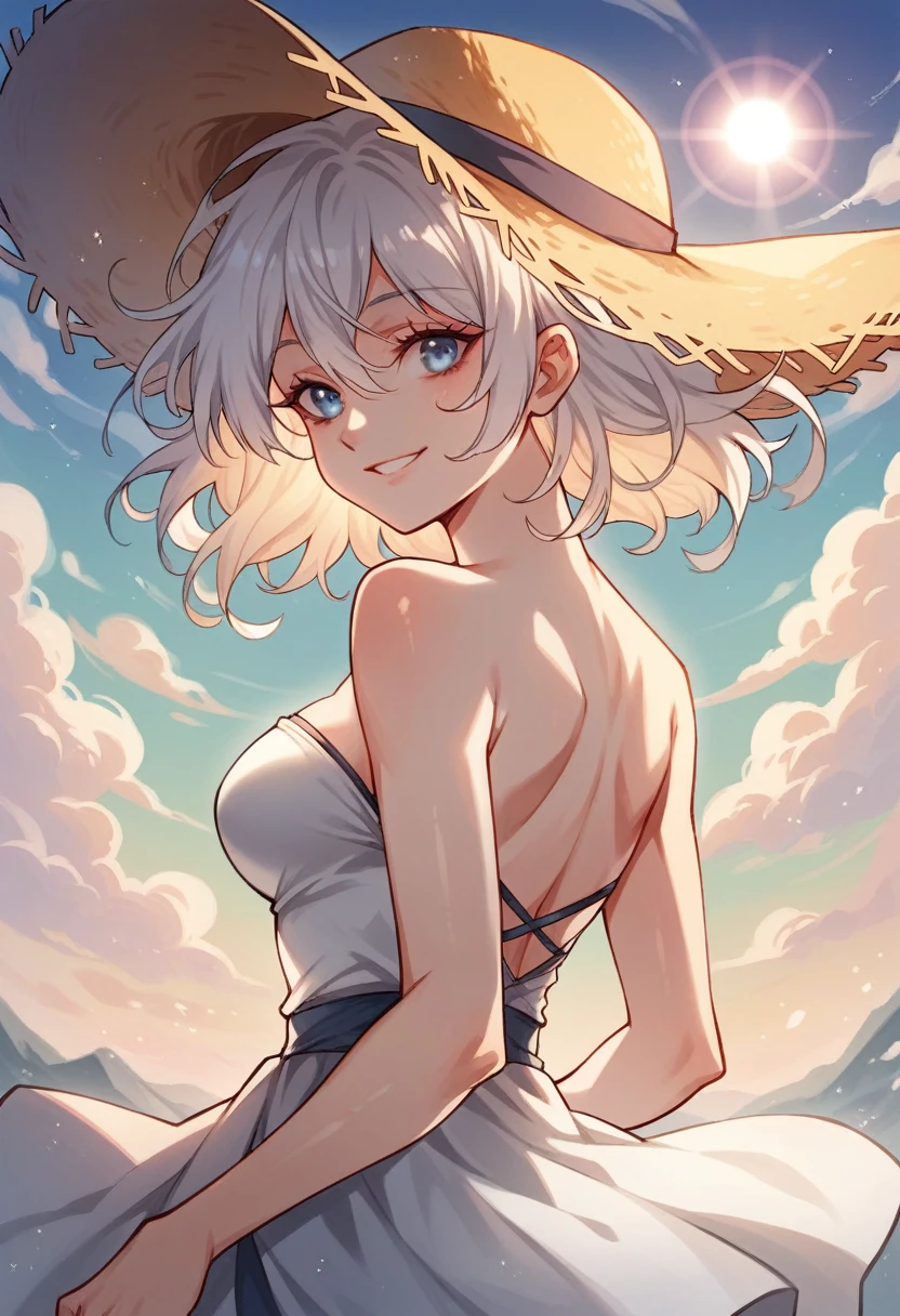 20 yo girl, provocative and seductive masterpiece, extremly detailed, (beautiful detailed glow), lens flare, white hair, short hair, floating hair, looking back, back behind, smile, blue eyes, fitted white skirt medium breasts, upper body, wide shot, straw hat, ((salar de uyuni)), sunrise, clouds, backlighting, purple sky, yellow sky, gradient sky, hands on hat