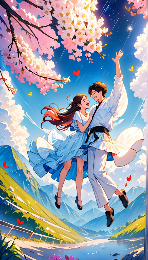 (Highest quality、Very detailed、Real:1.37)、humor、Manga style、Bright colors、Close to cool colors、Beautiful starry sky、and、Fun couple、Laughter、Floating Love、whole body