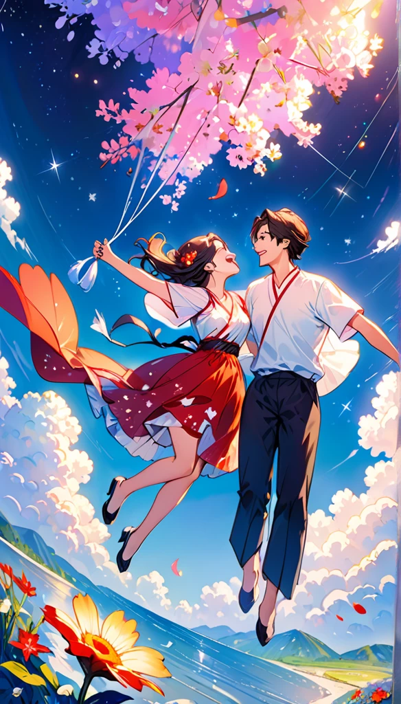 (Highest quality、Very detailed、Real:1.37)、humor、Manga style、Bright colors、Close to cool colors、Beautiful starry sky、and、Fun couple、Laughter、Floating Love、whole body