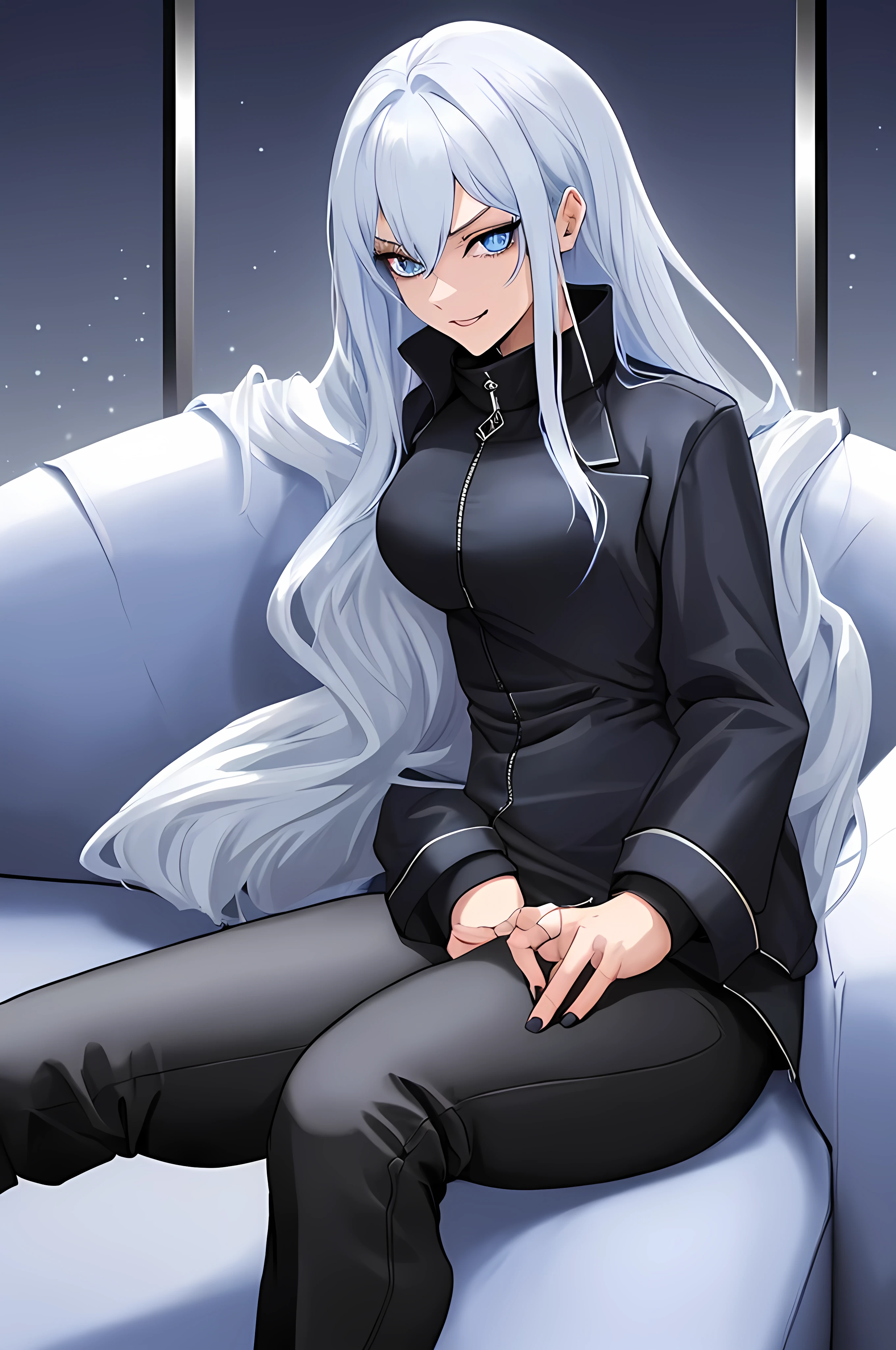 She wears a dark blue zip-up jacket with a high collar that's also fairly wide. She wears slim-fit matching black pants and black dress boots, Her hair is snowy white and long while she makes a Cocky looks, she has two vibrant blue eyes. In the other hand she is the strongest sorcerer in the jujutsu world filled with curses she always has an cocky expression and arrogant and the place is a modern house and she's sitting on the couch while she is smirking