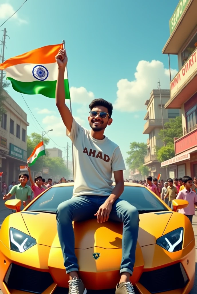 realistic Indian 18 year old boy sitting on Lamborghini car Holding Indian flag and celebrating India festival happy independence day with background of blue sky in Indian Street boy wearing pant, white t-shirt with name”AHAD”style hair on it by the way childrens are holding Indian flag playing round, smart, shoes, some children also playing, and someuncles drinking tea at a shop. also a text written “Happy independence day”at top, 3D art painting real photo wit high resol