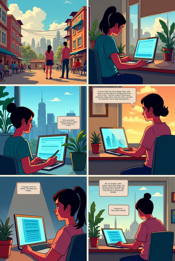 Create a six (6) panel grid comics about the modern era in the Philippines (how technology helps literature in the modern )