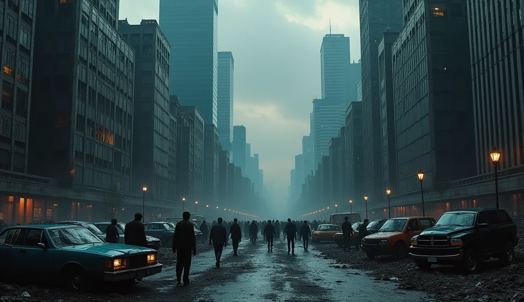 A city in ruins, many tall buildings are abandoned, there are many zombies in the middle of the road and some wrecked cars. The atmosphere is tense, the sky is pitch black like night
