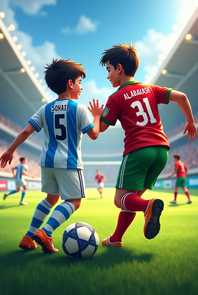 Two boys one wearing Argentina football jersey with name Sohail and number 5and another wearing purtugal football jersey number 31and name allabakash