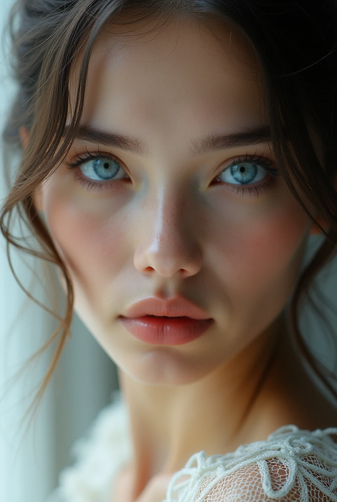 un gros plan ; une femme vetue ; belle yeusq bleu