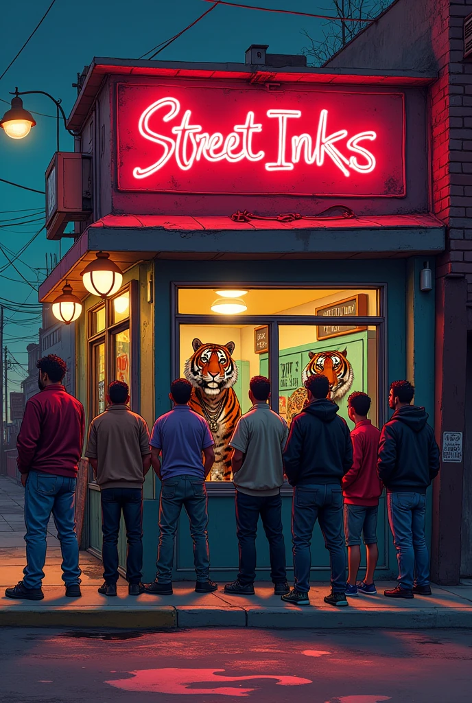 Many cholos standing in line outside a tattoo studio with a sign that says “Street inks” and through the studio window you can see a tiger dressed as a gang member tattooing a cholo.