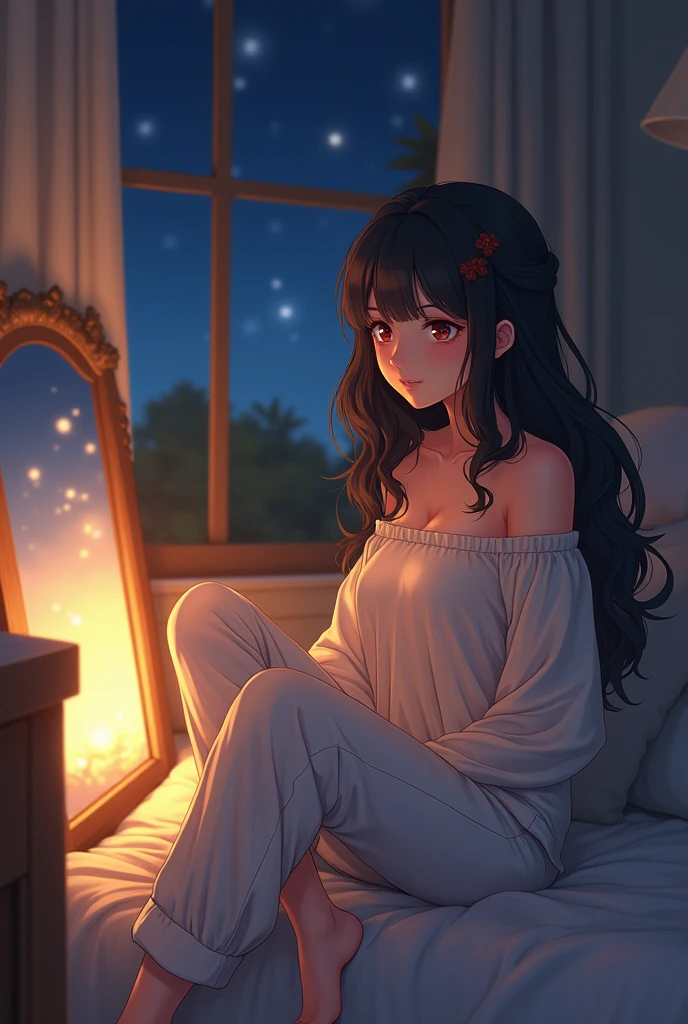 beautiful Anime woman, sitting on bed, wearing loose off-shoulder top, pajama pants, long curly hair, indoors, soft lighting, window with Night time, cozy room, relaxed pose, warm colors,
Also she watching a mirror that reflect her face