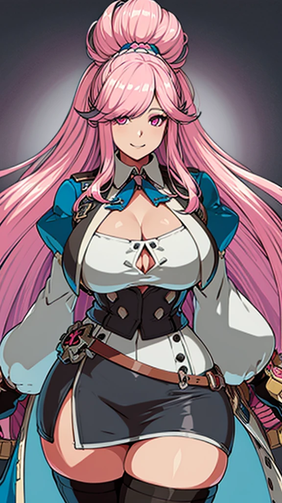 High detailed, 1 girl, solo, light blue huge hair, pink eyes, busty, firm chunky body white shirt, , deep cleavage, Juliet sleeves, pencil skirt, black thighhighs, BLUE gloves, tall, smiling