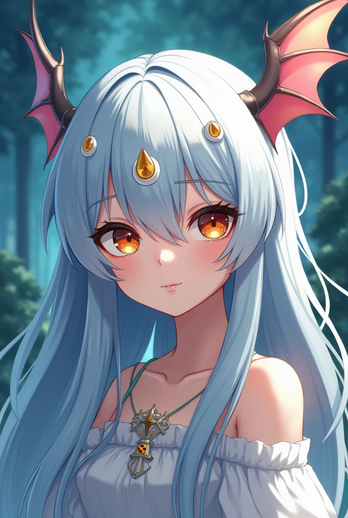 Fantasy、2Dimensional anime style、Silver Hair、Smooth Straight Hair、Long Hair、Gold and red odd eyes、Three white eyes、Slanted Eyes、Fair skin、Fishing eyebrows、No highlights in the eyes、Ten years old、Dragon Wings