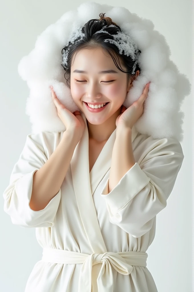 Create an Asian beauty,Regular facial features,Wearing a white satin bathrobe,Scratch your scalp with both hands,Two hands washing hair on top of head,There is a lot of foam and water on the head,Foam wrap head,Real bubbles,Open your eyes,The expression is happy,Upper Body,The characters are realistic and realistic,Pure white background,Character front position,9:16 frames,Ultra-high-definition picture quality