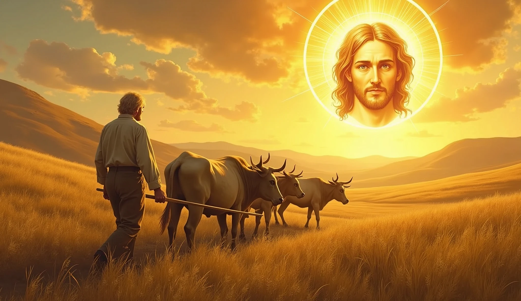 Create an icon of a humble blond peasant he is working in a vast, hilly field, guiding a plow through the land with oxen. He is dressed in simple clothes, like a linen shirt and worn pants, while holding the plow firmly. In front, the oxen are pulling the plow wildly.. In the sky above him, instead of the common sun, there is an iconic image of the face of Jesus Christ. Jesus is depicted as a radiant figure, with a golden halo around his head, hands outstretched in blessing, emanating light that illuminates the field. The scene is peaceful and serene, with warm tones of golden light, symbolizing divinity and blessing on the peasant's work.