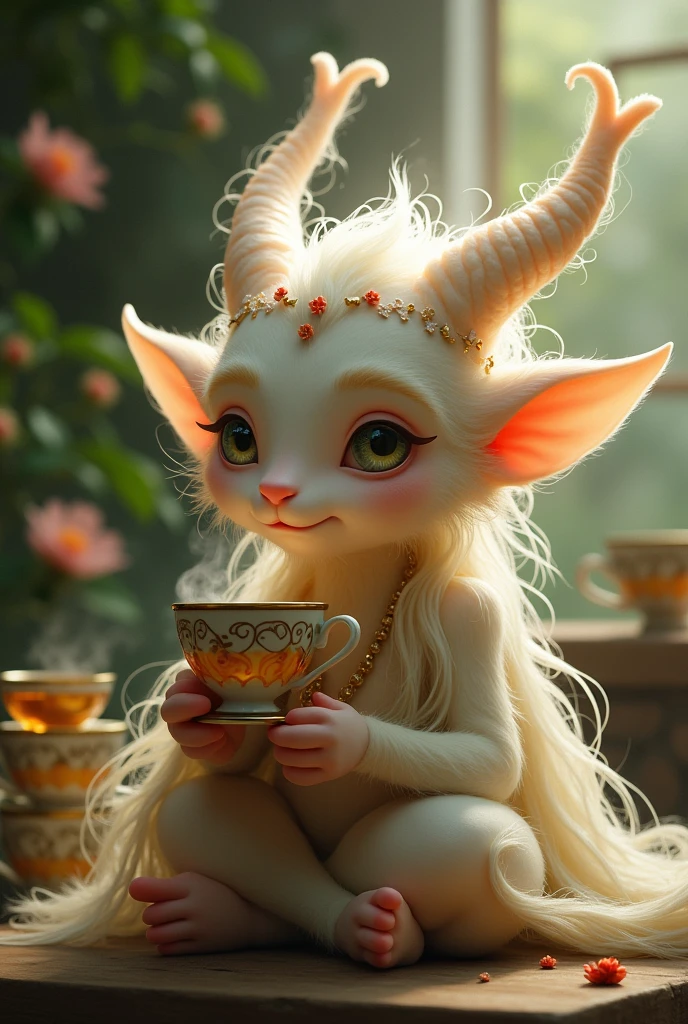 A cute mythical male creature, humanoid, who loves tea 