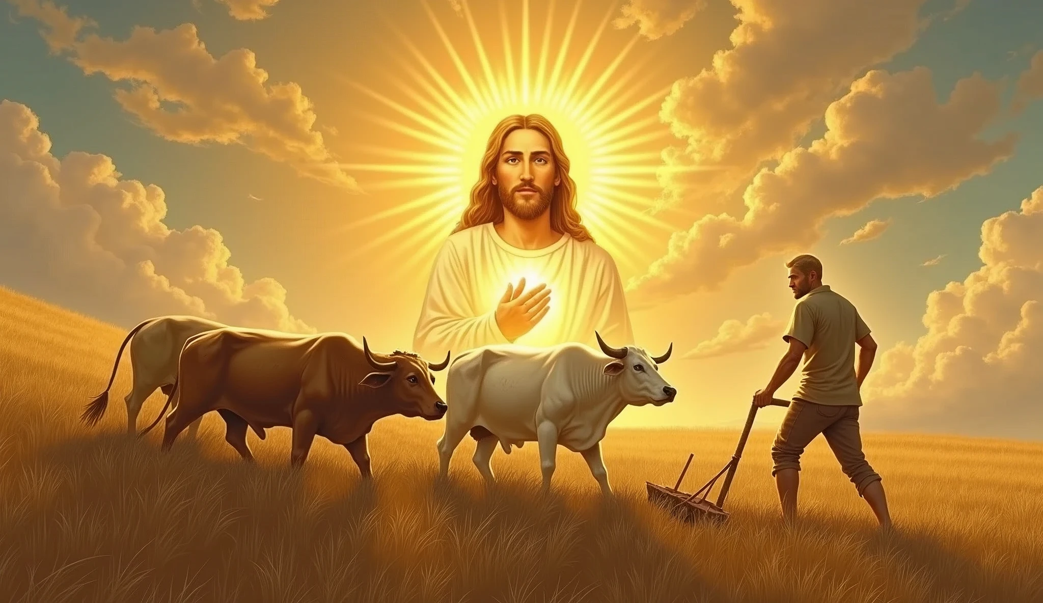Create an icon of a humble blond peasant he is working in a vast, hilly field, guiding a plow through the land with oxen. He is dressed in simple clothes, like a linen shirt and worn pants, while holding the plow firmly. In front, the oxen are pulling the plow wildly.. In the sky above him, instead of the common sun, there is an iconic image of the face of Jesus Christ. Jesus is depicted as a radiant figure, with a golden halo around his head, hands outstretched in blessing, emanating light that illuminates the field. The scene is peaceful and serene, with warm tones of golden light, symbolizing divinity and blessing on the peasant&#39;s work.
