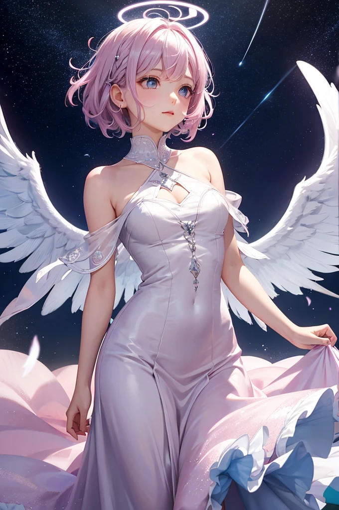 Pink and light blue dreamy hair Wave Shorthair Purple Eyes Beauty beautiful Silver Angel White Feather Halo Starry Sky