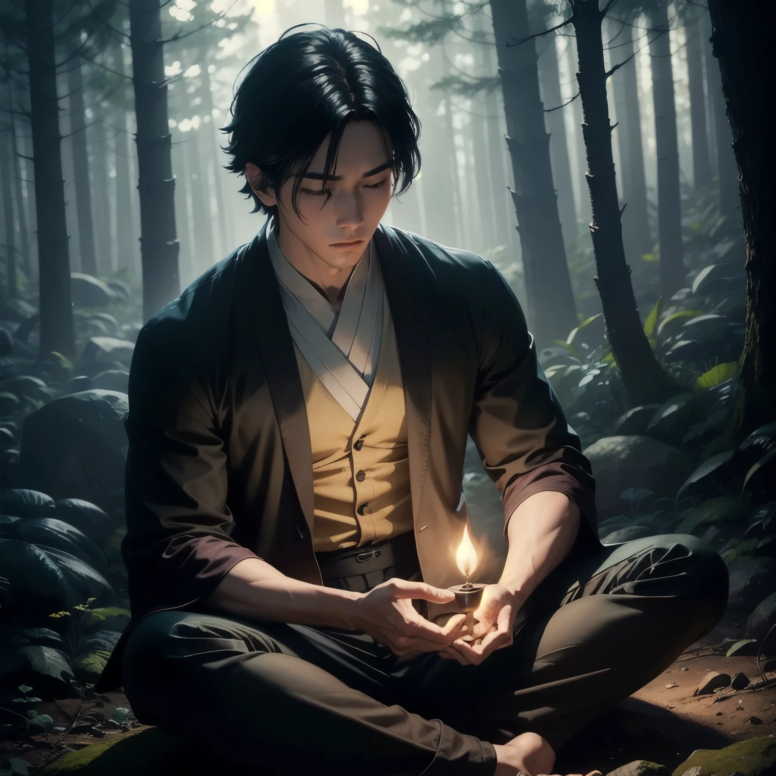 In a manhwa art style, In a forest clearing, the young man with black oriental clothes sits in a meditative pose, surrounded by the natural beauty of the woods. His hands are glowing softly with a bright, magical light as he concentrates his mana. The environment is serene, yet charged with energy, as the magic in his hands contrasts with the tranquility of the forest. The visual style is akin to webtoons or manhwas, featuring clean lines, vivid colors, and a modern, polished art style, inspired by Kanō Hōgai, still from a live action film, beautiful and cinematic lighting, cinematic backlit lighting, great cinematic lighting, cinematic lighting at night, Cinematic backlighting, live action film scene, good cinematic lighting, cinematic screenshot from ps5, incredible cinematography
