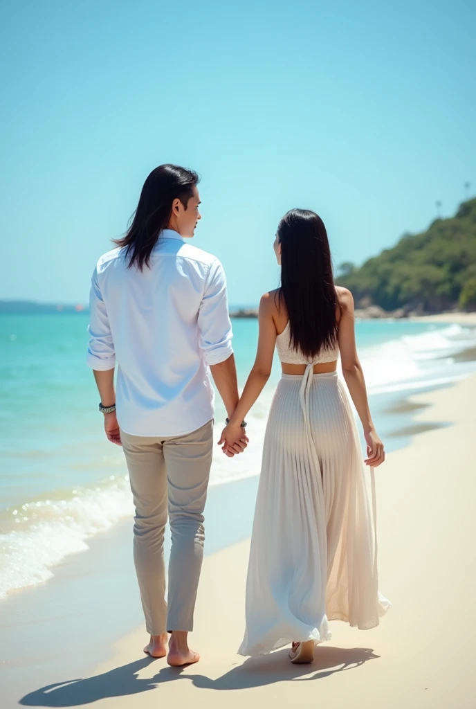 A portrait of a young Indonesian man with long, straight hair reaching his shoulders, wearing a white slim-fit shirt, and a beautiful young woman wearing a long dress, holding hands while walking., beautiful beach,Blue sky,Face forward to the camera