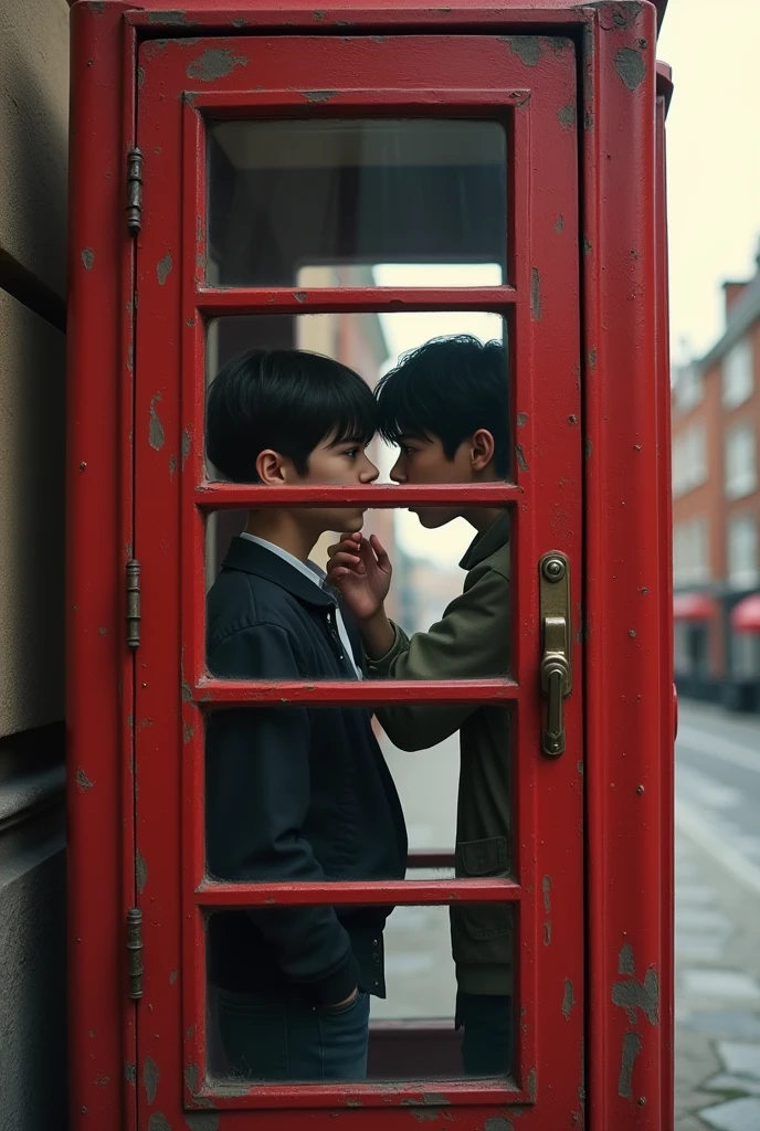 Two male students having a mischievous conversation through the door of a red telephone booth。

